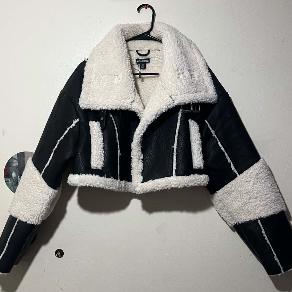 Faux Leather Borg Cropped Moto Style Jacket